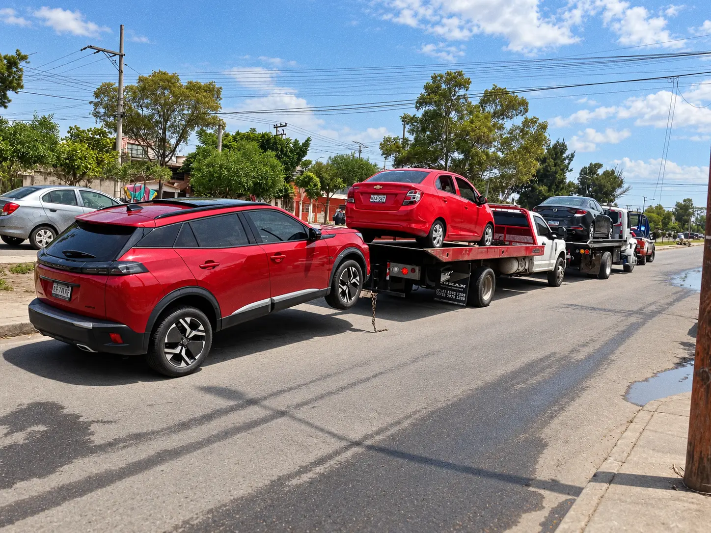 Grúa de plataforma trasladando un SUV rojo por una avenida, con más unidades en convoy detrás.