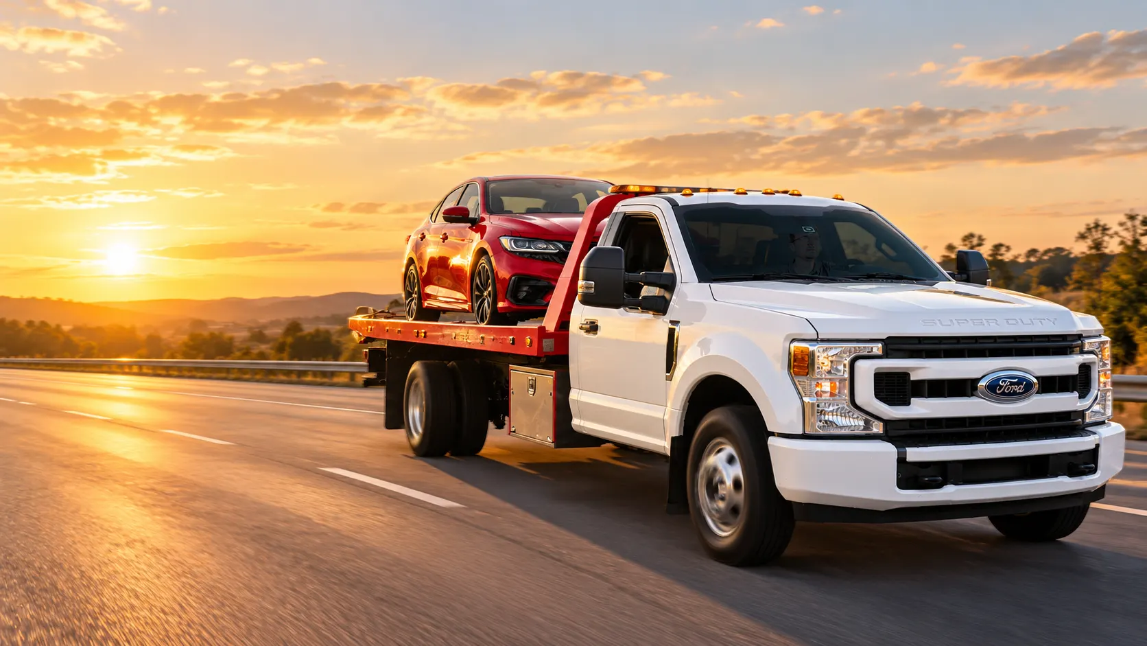 Grúa de plataforma blanca trasladando un automóvil deportivo rojo por carretera al atardecer.