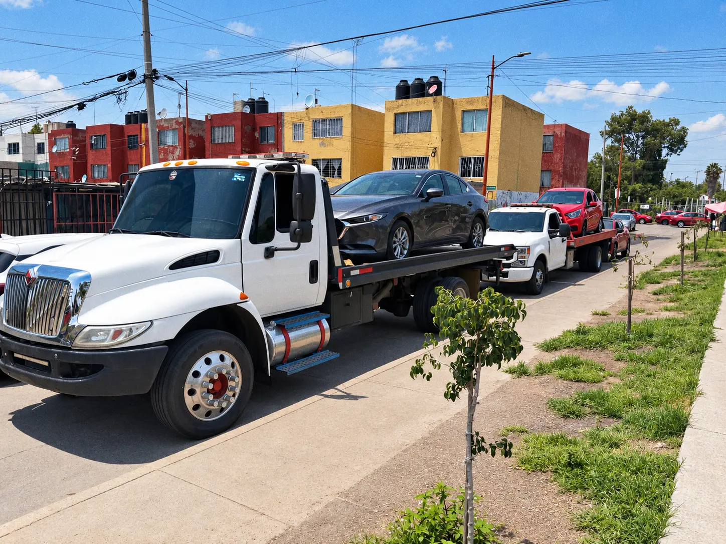 Camión grúa de plataforma con un automóvil cargado sobre la cama, en una calle bajo cielo despejado.